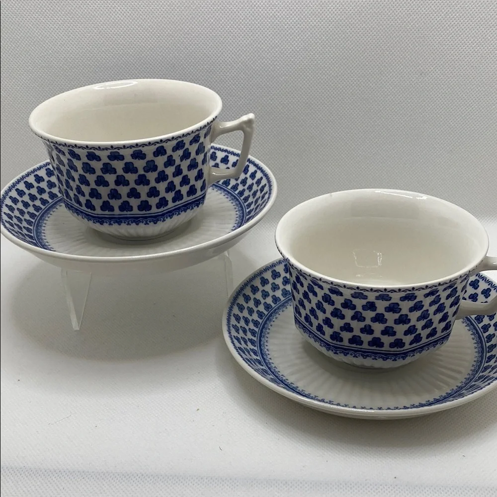 Adams Blue and White Shamrock Tea Cup and Saucer, Set of 2